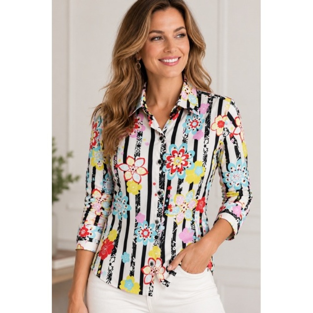 Women's Retro Floral Stripe Button Down Shirt 3/4 Sleeve Blouse Size 8